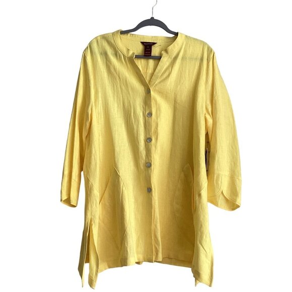 New Multiples Sz XL Bright Yellow 100% Linen A-Line Lagenlook Relaxed Chic - Picture 1 of 15